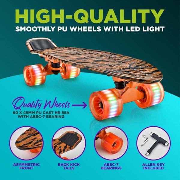 Standard Skateboard Mini  - 6''  Deck Complete Double Kick Skate Board w/ 3.25" Aluminum Alloy Truck,  Wheels w/ Light - for Kids, Teens, Adults (Tiger)