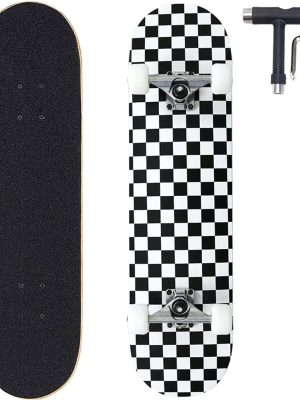 31x8 Inch Pro Skateboard Complete,7 Layer Canadian Maple Wood Double Kick Concave Skate Boards, Tricks for Youths,Beginners,Girls,Boys,Kids,Teens,Adults (Black, White)