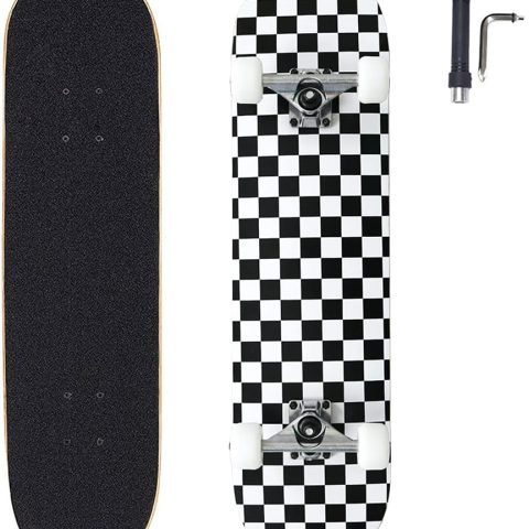 31x8 Inch Pro Skateboard Complete,7 Layer Canadian Maple Wood Double Kick Concave Skate Boards, Tricks for Youths,Beginners,Girls,Boys,Kids,Teens,Adults (Black, White)