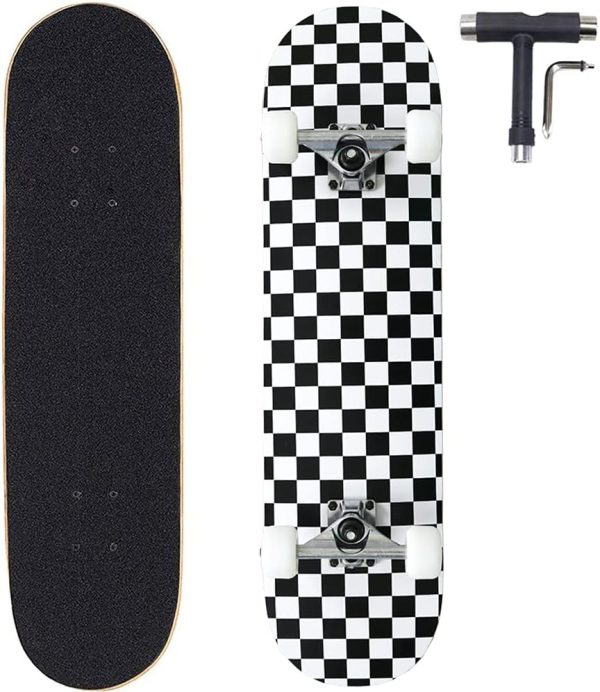 31x8 Inch Pro Skateboard Complete,7 Layer Canadian Maple Wood Double Kick Concave Skate Boards, Tricks for Youths,Beginners,Girls,Boys,Kids,Teens,Adults (Black, White)