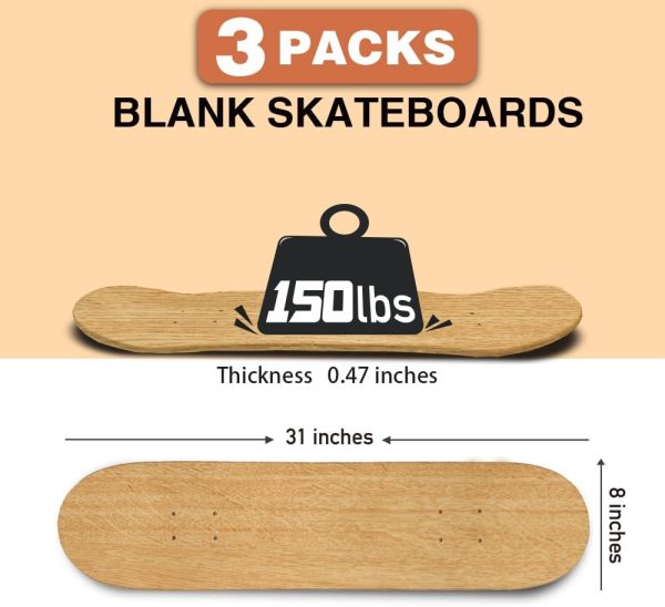 3 PCS Blank Skateboard Decks, 8 x 31 inch 7-Layer Maple Double-Tail Skateboard, Ideal for Painting, and Wall Decoration