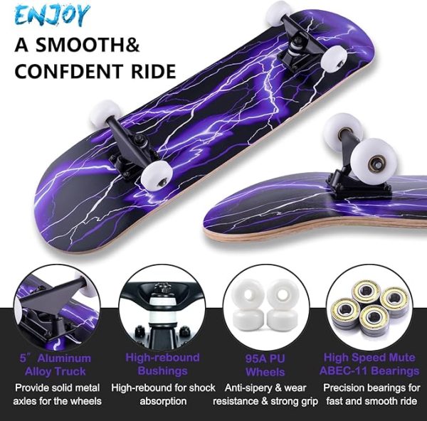 Skateboard,31 x 8 Inch Complete Skateboard, 8-Layer Maple Wood Deck Double Kick Standard for Kids, Teens, Adult, Beginner