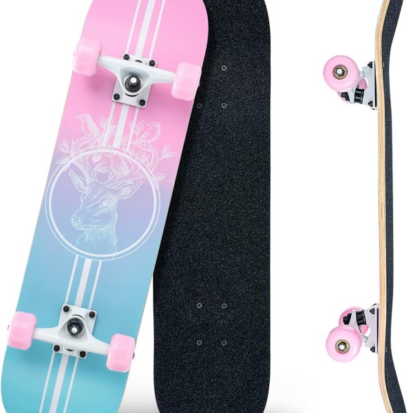 Skateboard,31 x 8 Inch Complete Skateboard, 8-Layer Maple Wood Deck Double Kick Standard for Kids, Teens, Adult, Beginner
