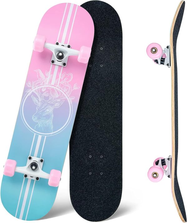 Skateboard,31 x 8 Inch Complete Skateboard, 8-Layer Maple Wood Deck Double Kick Standard for Kids, Teens, Adult, Beginner