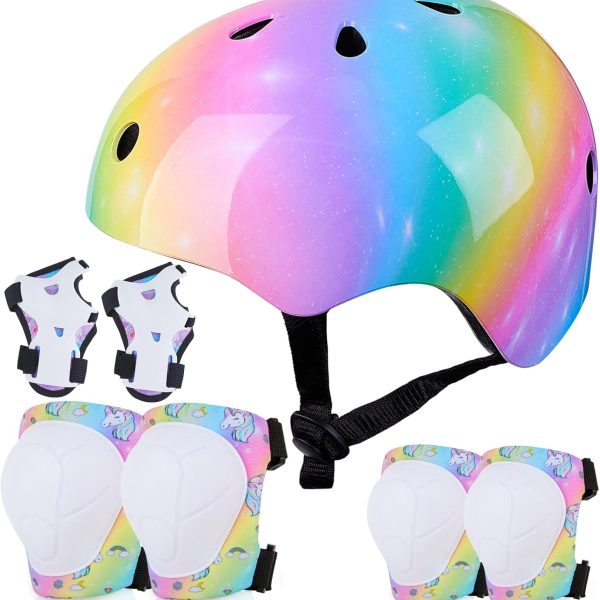 Kids Helmet Knee Pads for Kids Unicorn Knee and Elbow Pads Wrist Guards Adjustable Protective Gear Set for Girls Boys Sports Skateboard Inline Skating Scooter
