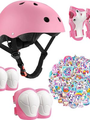 Kids Bike Helmet with Knee Elbow Wrist Pads Guards,Pink,for Ages 2-3-5-8-14,Sports Bicycle,Skate Scooter,Rollerblading with Unicorn Sticker