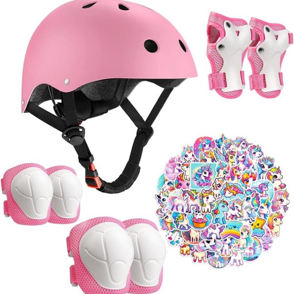 Kids Bike Helmet with Knee Elbow Wrist Pads Guards,Pink,for Ages 2-3-5-8-14,Sports Bicycle,Skate Scooter,Rollerblading with Unicorn Sticker