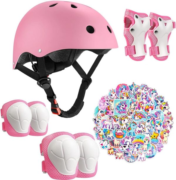 Kids Bike Helmet with Knee Elbow Wrist Pads Guards,Pink,for Ages 2-3-5-8-14,Sports Bicycle,Skate Scooter,Rollerblading with Unicorn Sticker