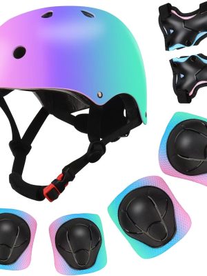 Color Gradient Adjustable Kids' Helmet with Knee & Elbow Pads Set | Multi-Sport Safety Gear for Boys & Girls Ages 5-14 | Skateboarding, Scooters, Roller & Inline Skating, Longboarding