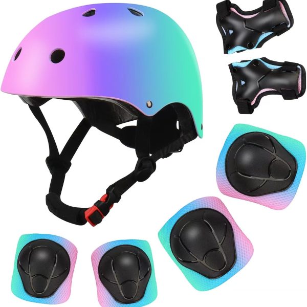 Color Gradient Adjustable Kids' Helmet with Knee & Elbow Pads Set | Multi-Sport Safety Gear for Boys & Girls Ages 5-14 | Skateboarding, Scooters, Roller & Inline Skating, Longboarding