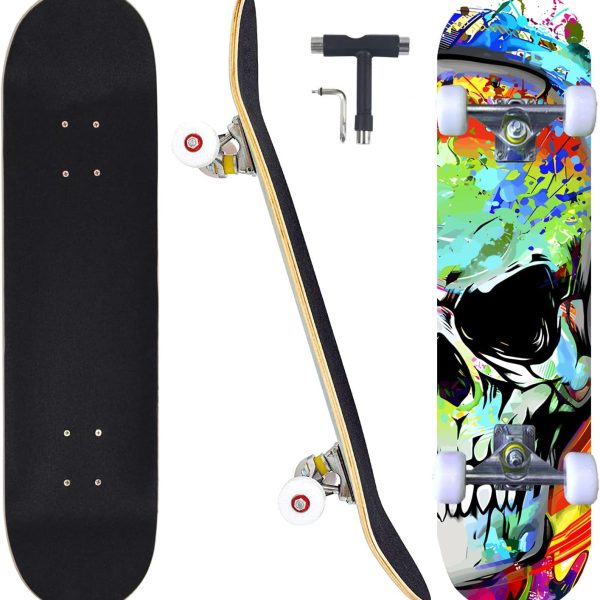 Skateboards for Beginners Adults Youths Teens Kids Girls Boys 31 Inch Pro Complete Skate Boards 7 Layer Canadian Maple Double Kick Concave Longboards