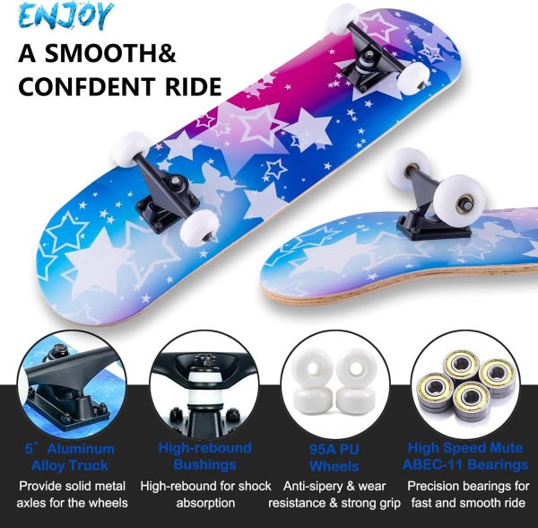 Skateboard,31 x 8 Inch Complete Skateboard, 8-Layer Maple Wood Deck Double Kick Standard for Kids, Teens, Adult, Beginner