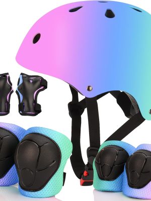 Color Gradient Adjustable Bike Helmet with Knee and Elbow Pads - Kids Toddler Boys and Girls Skateboard Helmet for Ages 3-14 | Ideal for Riding, Scooters, Inline Skating, Longboarding, Roller Skating