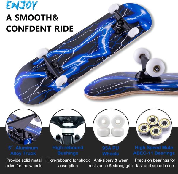 Skateboard,31 x 8 Inch Complete Skateboard, 8-Layer Maple Wood Deck Double Kick Standard for Kids, Teens, Adult, Beginner