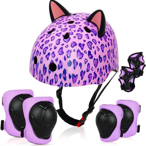 Kids Helmet, Bike Helmets for Kids 8-14 with Knee Pads and Elbow Pads Wrist Guards, Adjustable Youth Girls Bike Helmet with DIY Cat Ears Skateboard Helmet for Scooter Skating Cycling