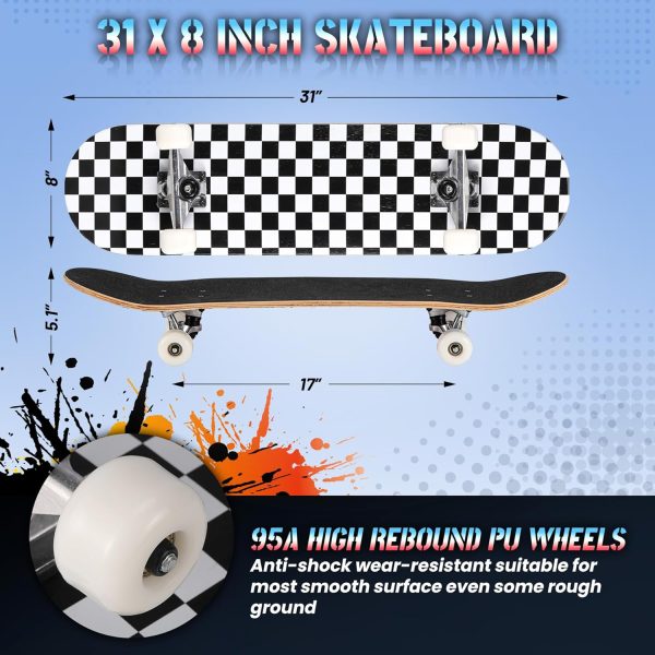 Pro Complete for Beginners Girls Boys Kids Youths Teens Adults 31"x8" Skate Boards 7 Layers Canadian Maple Double Kick Deck Concave Longboard